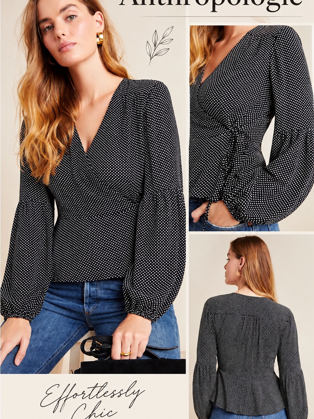 Maeve x Anthropologie Ingrid Wrap Blouse Black w/White Polka Dot Sz 8P